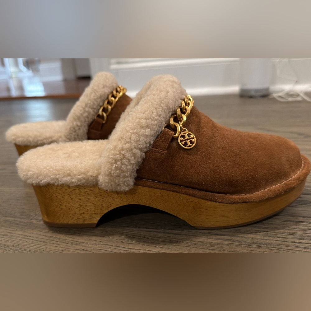 Tory Burch Brown Wooden Shearling Clogs